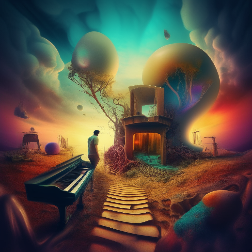 a surreal digital painting for a music album cover, square format, ultra high dynamic range lighting
