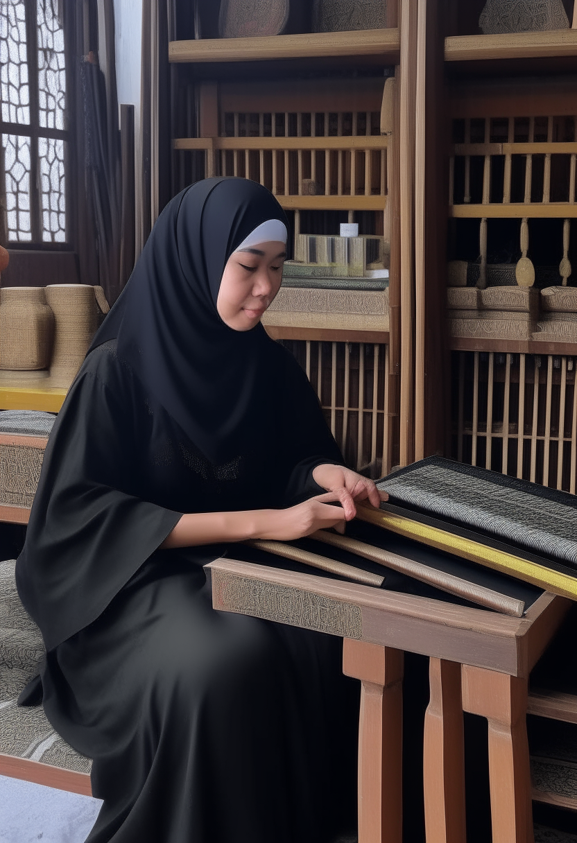 seorang wanita berambut hitam panjang duduk di kursi kayu di depan meja belajar kayu, dia memakai baju lengan panjang berwarna putih, dia sedang menulis di buku catatan dengan pena di tangan kanannya, di sebelah tangan kirinya ada secangkir teh yang mengepul, latar belakang adalah dinding kamar tidur bercat kuning muda dengan jendela besar