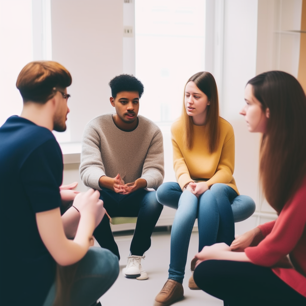A group of 6 students having a discussion in an English club. They are sitting in a circle facing each other, gesturing and practicing their conversational English.
