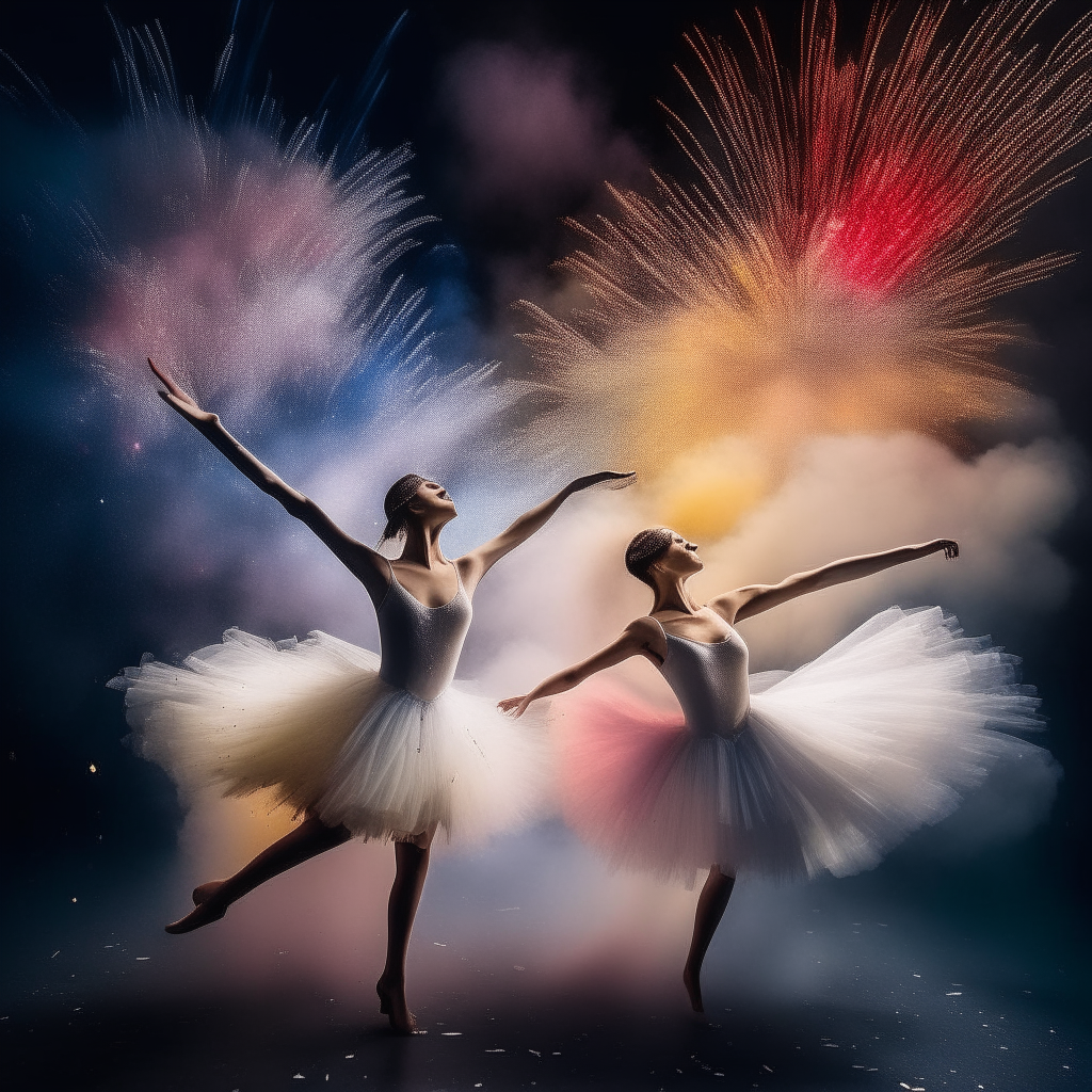 ballerinas dance in white smoke and swirling sparks of colorful fireworks