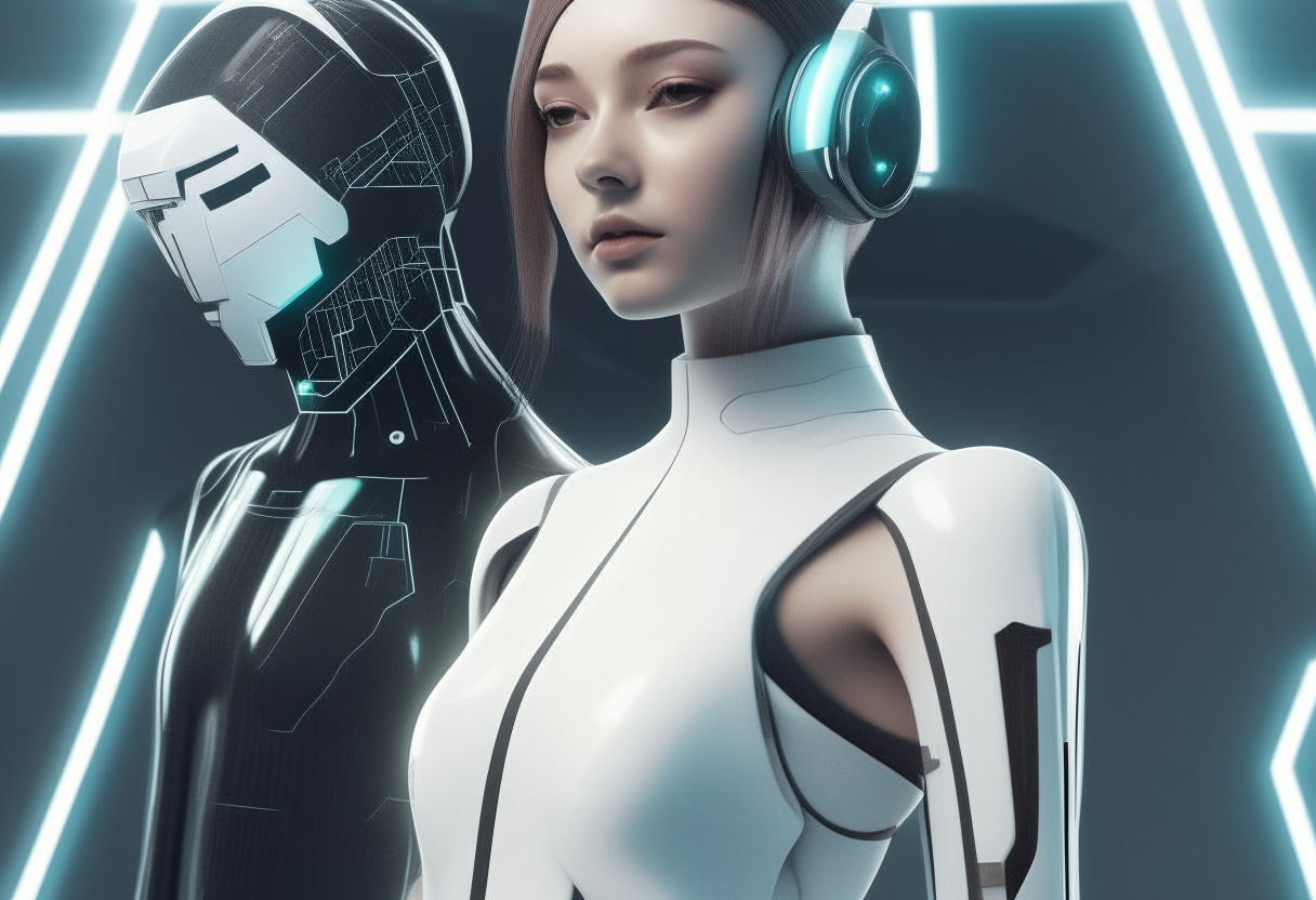 half android and human kpop singing woman in futuristic outfit.