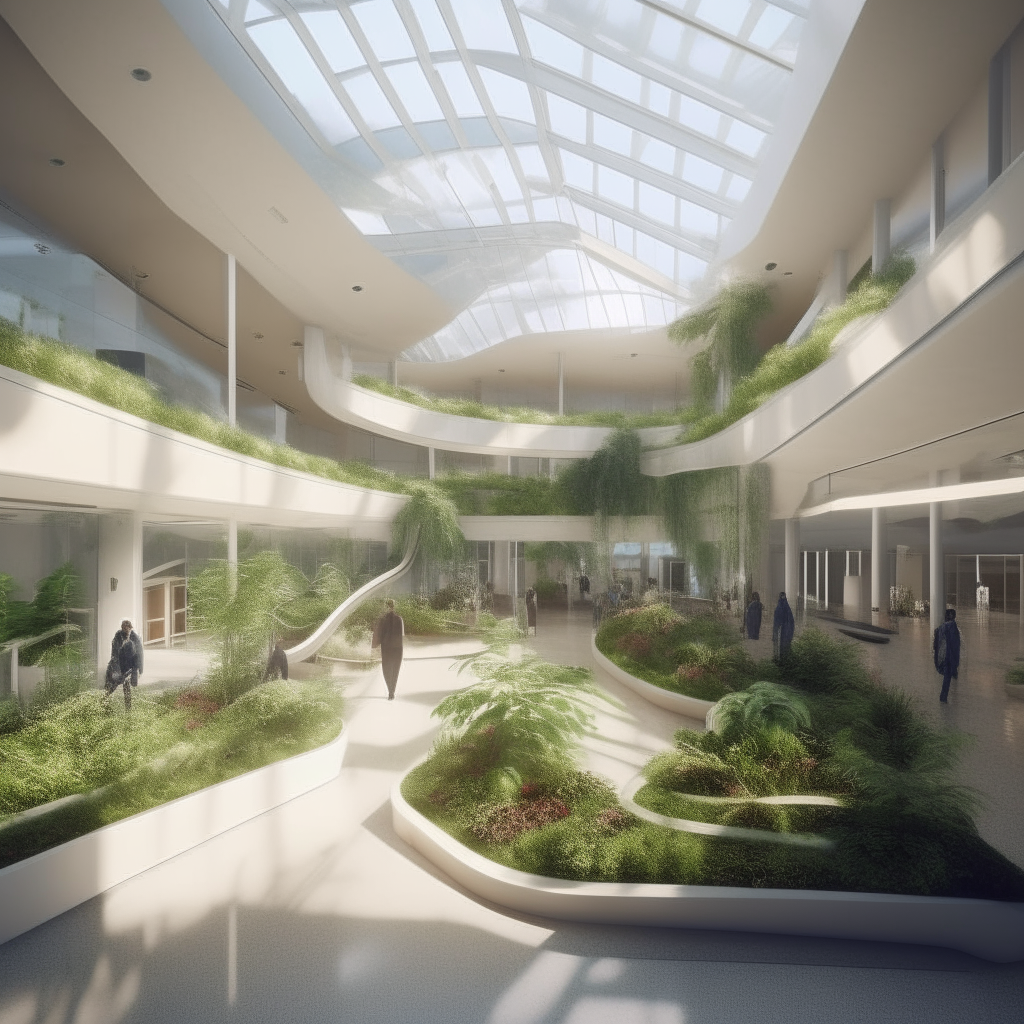A bright, open atrium in a futuristic hospital, with plants, natural lighting and patients relaxing