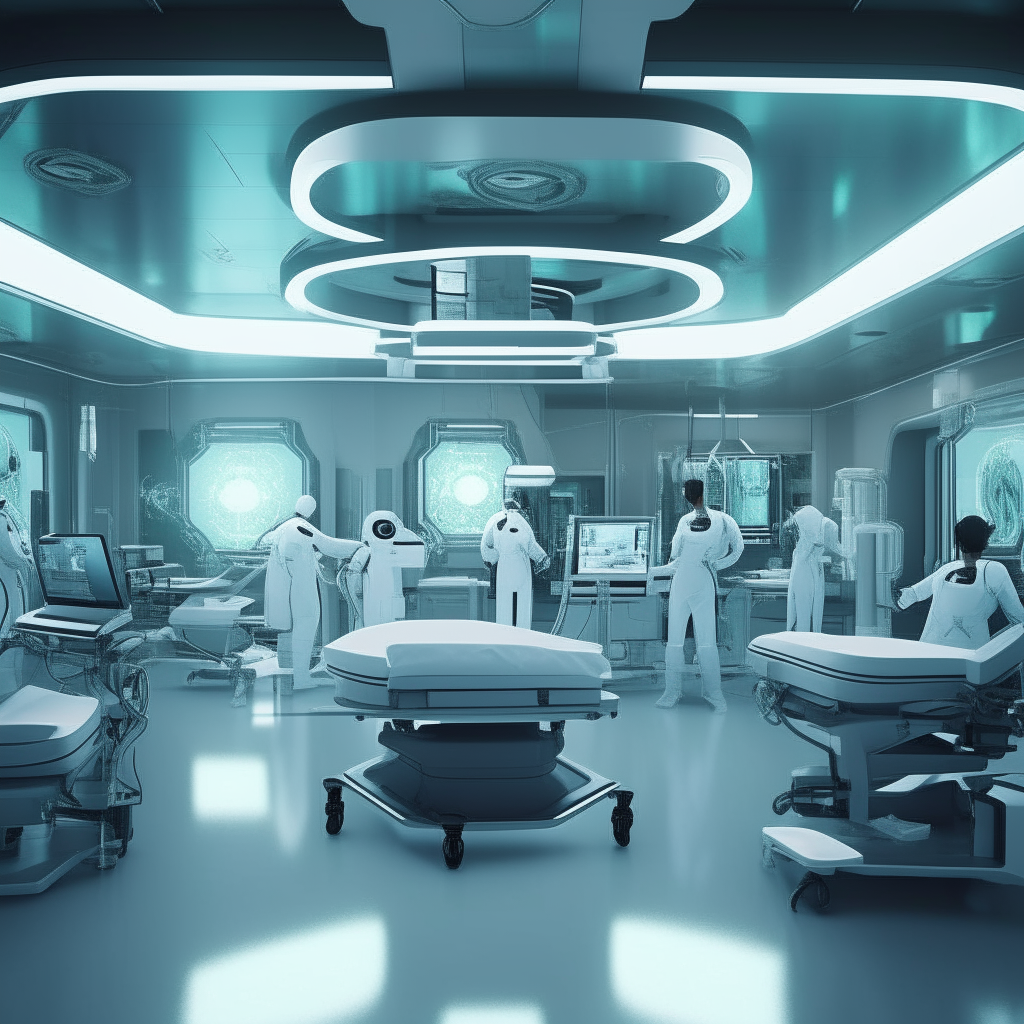 A high-tech operating room in a futuristic hospital, with medical robots assisting doctors