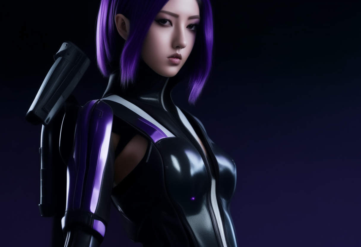 half android and human kpop singing woman in black and purple futuristic outfit.