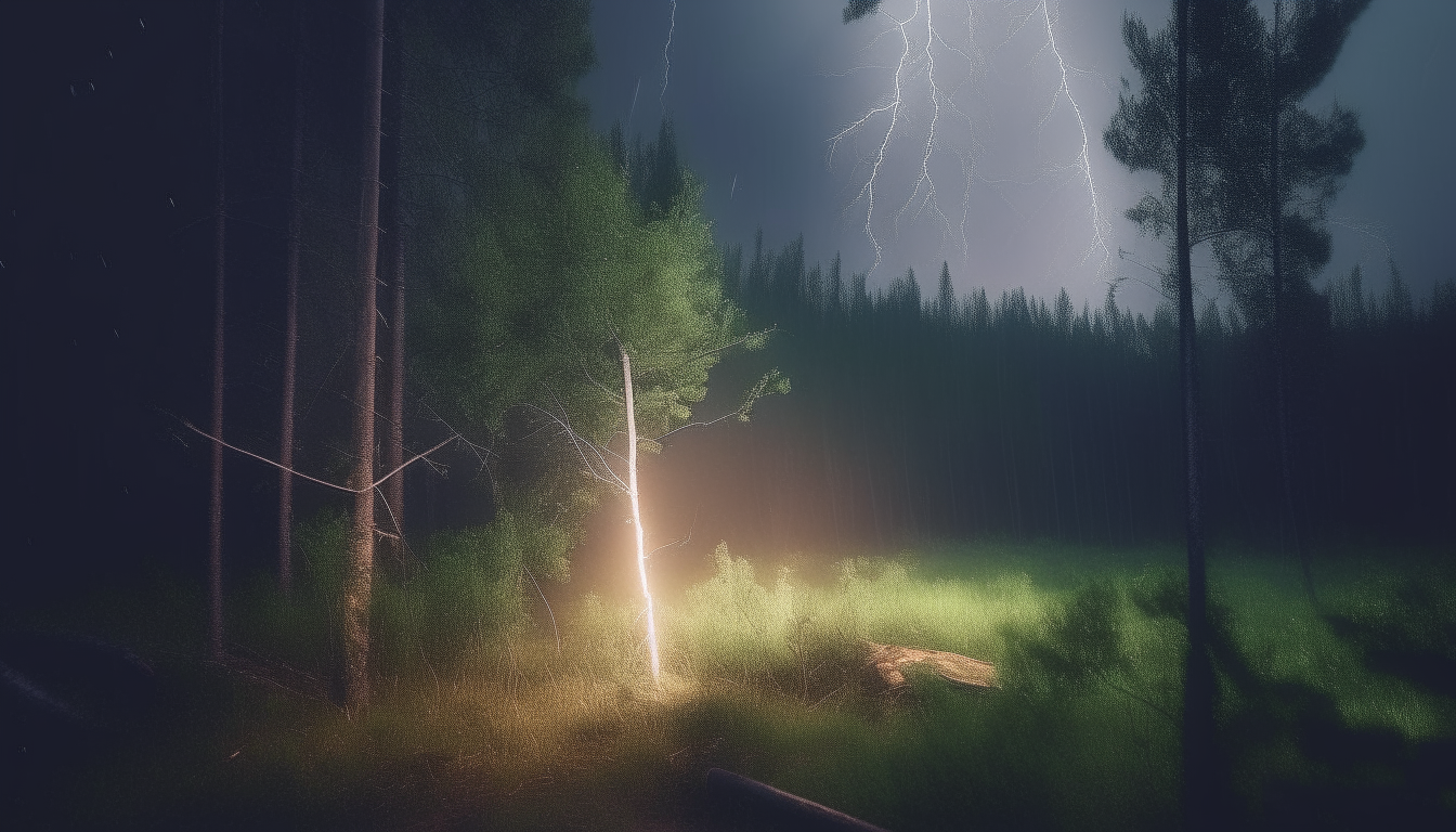 a night scene in a forest. raining and lightning strikes from sky.