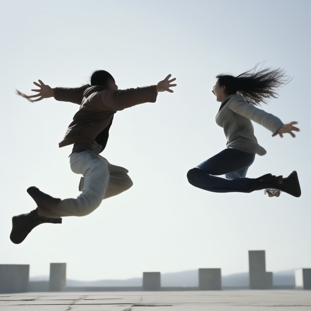 Two people fighting midair