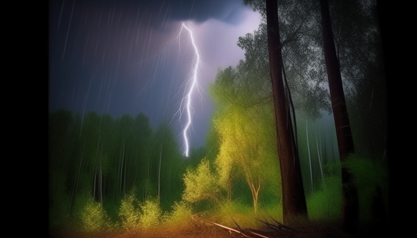 a night scene in a forest. raining and lightning strikes from sky.