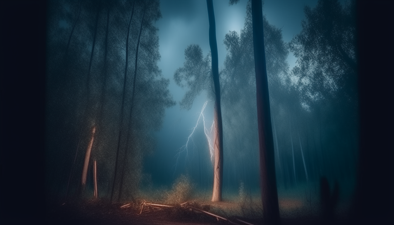 a night scene in a forest. raining and lightning strikes from sky. cinematic, 3d