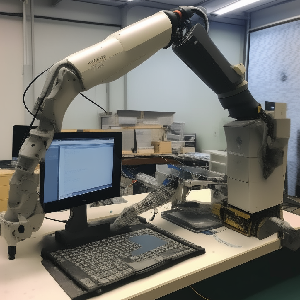 A robotic arm being programmed using Robot Framework and the Qalibs library. The screen shows Python code for test cases.