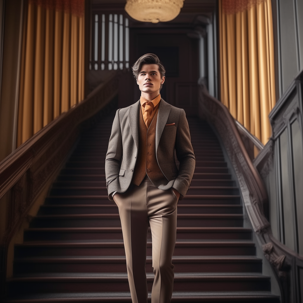 A handsome male actor stands confidently at the top of a grand staircase, ready to begin filming a dramatic fall scene. He wears fashionable clothing and has a determined expression.