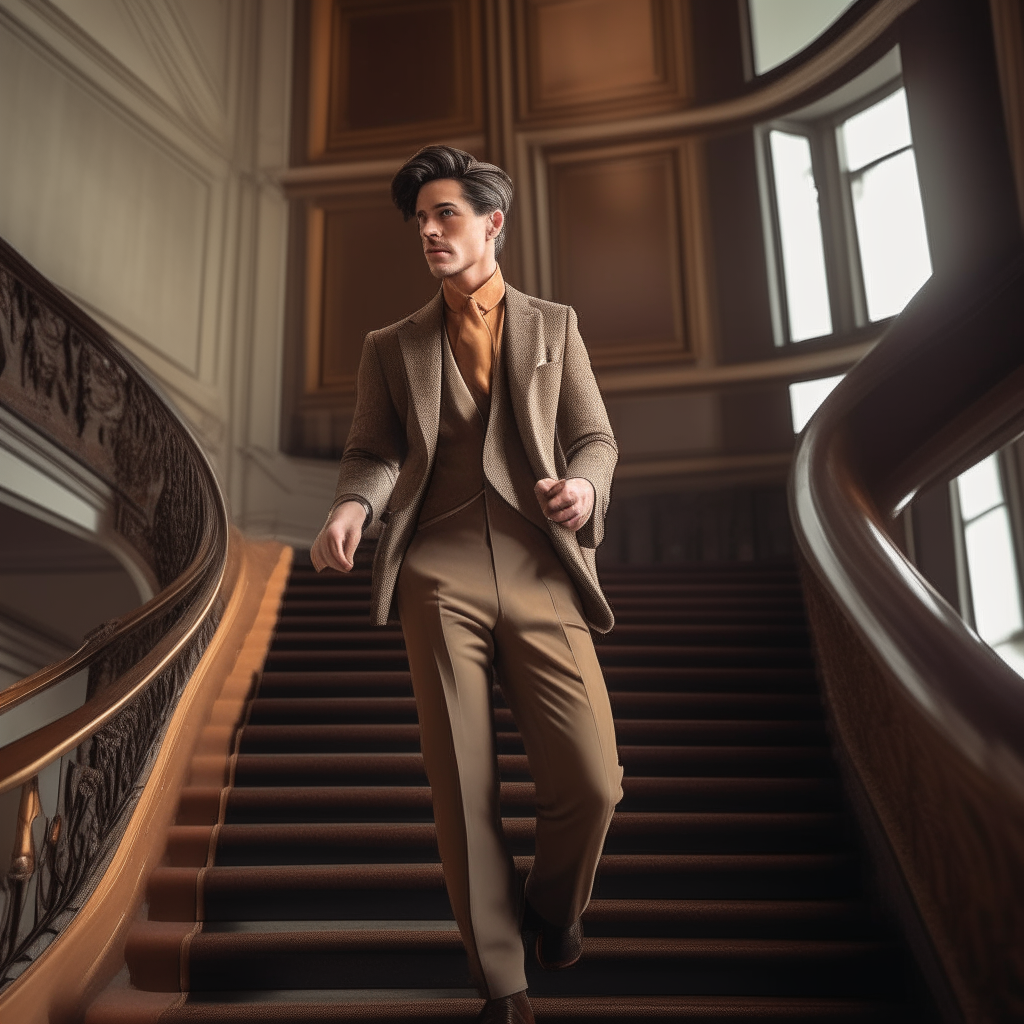 A handsome male actor sways unsteadily at the top of a grand staircase, appearing intoxicated as he prepares for an upcoming scene. He wears fashionable clothing and grasps the railing for support.