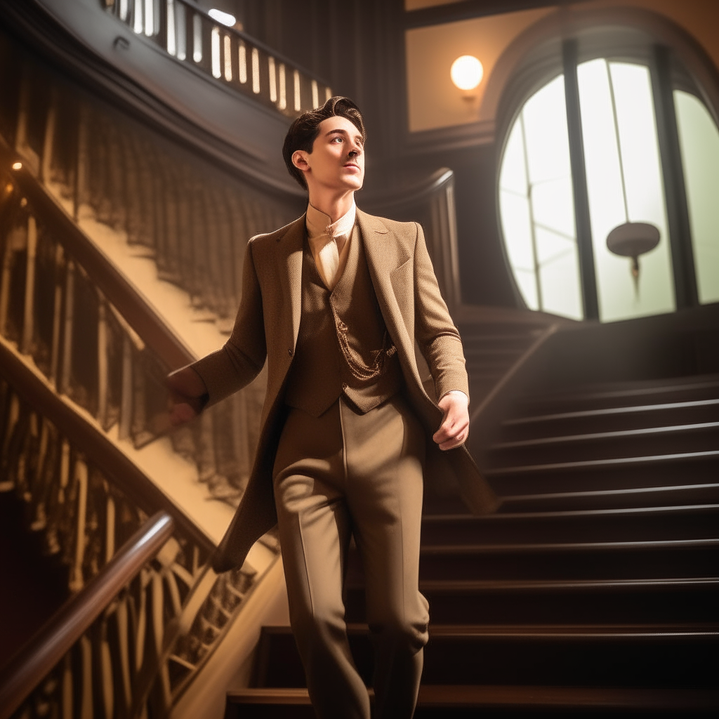 A handsome male actor grips the railing for support as he sways unsteadily at the top of an ornate wooden staircase on a film set. He is dressed for his role but appears overly intoxicated for the scene. Stage lights and cameras can be seen in the background.