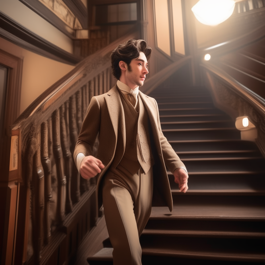 A handsome male actor emerges with a stumble through a doorway onto the ornate wooden staircase set. His hair is disheveled and clothes askew, appearing as though he's been drinking between takes in his dressing room. He grips the railing unsteadily with one hand as he prepares to descend the stairs.