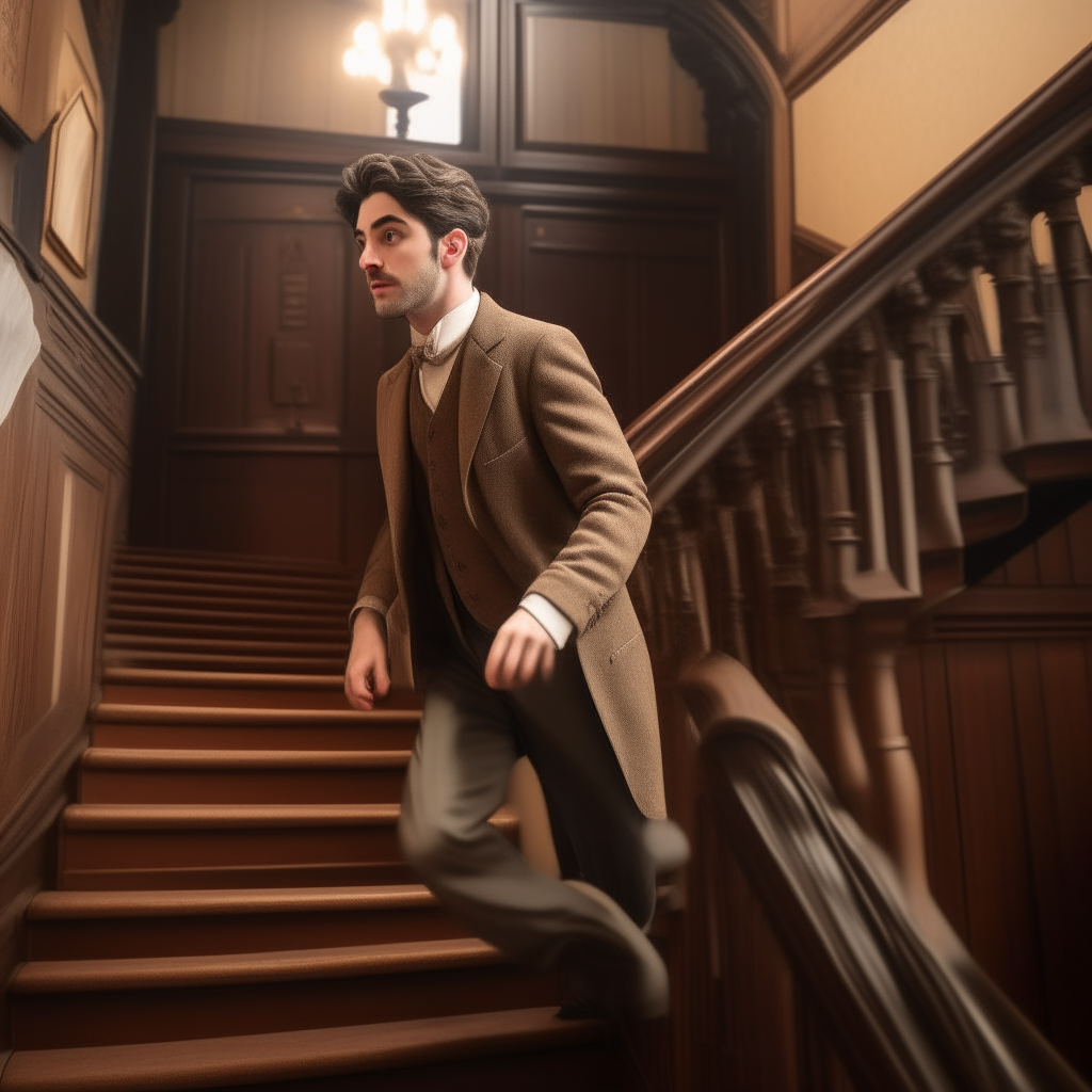 A handsome male actor stumbles through a doorway onto the ornate wooden staircase set. He grips the railing with one hand as he emerges unsteadily, with the door frame visible behind him. His hair is disheveled and clothes askew from drinking between takes.