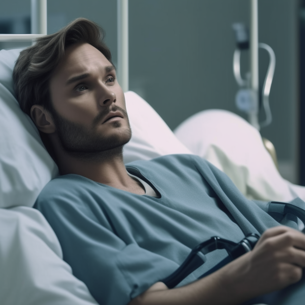 A handsome male actor gently touches the bandage on his head and closes his eyes in discomfort as he rests in a hospital bed.