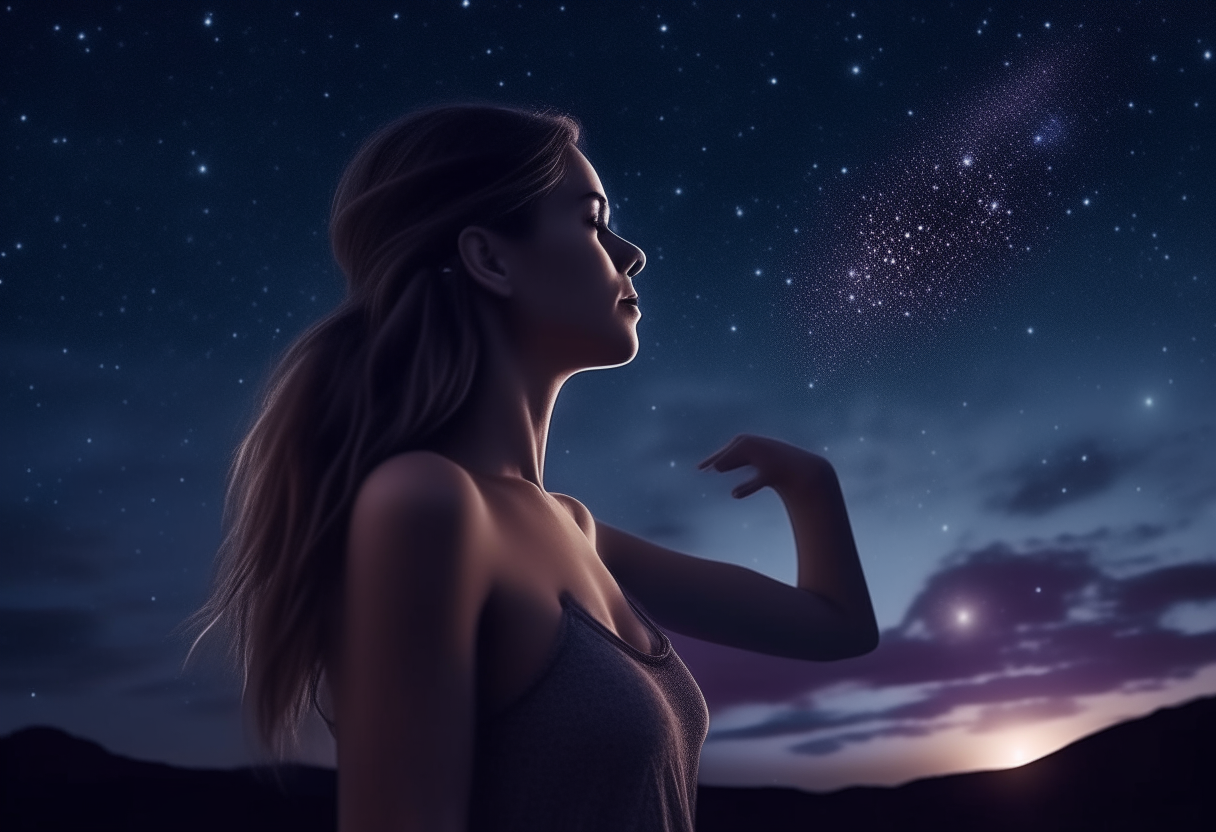 A beautiful woman is alone looking at her dancing heart listening to DJ music while looking at the night sky with beautiful twinkling stars, now the woman is strong and enjoying the cold night, in photorealistic style, very fine details, very realistic, high dynamic range, 8K, high contrast, cinematic depth