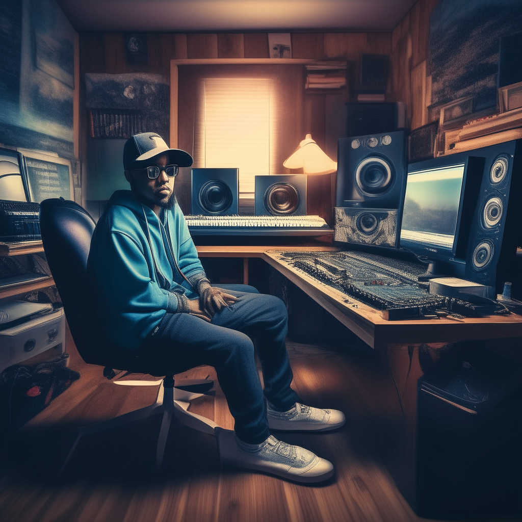 A hip hop music producer sitting at a desk in a home music studio full of audio equipment, working on a hip hop beat, digital art, square aspect ratio, HDR, enhanced quality
