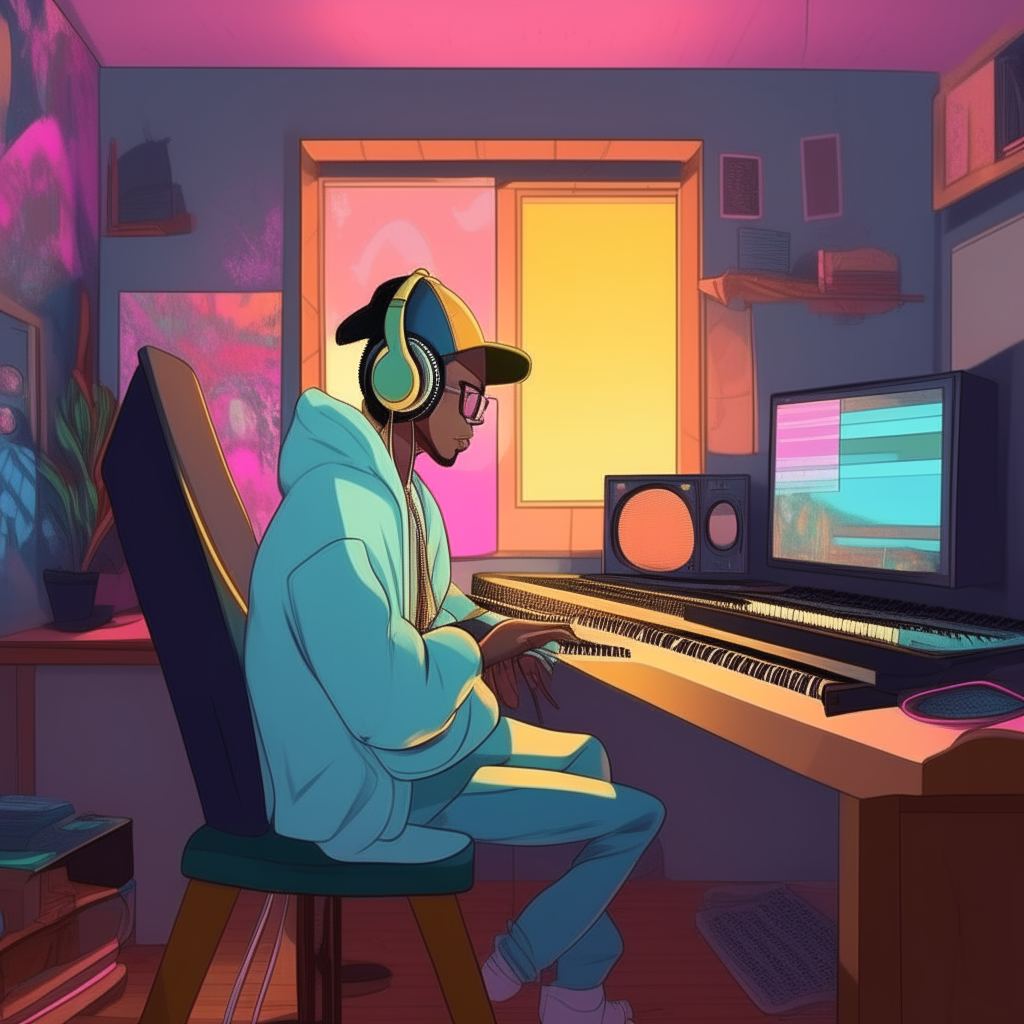 A hip hop music producer sitting at a desk in a colorful home music studio full of audio equipment, working intensely on a hip hop beat wearing headphones, anime digital art style, 300 PPI resolution