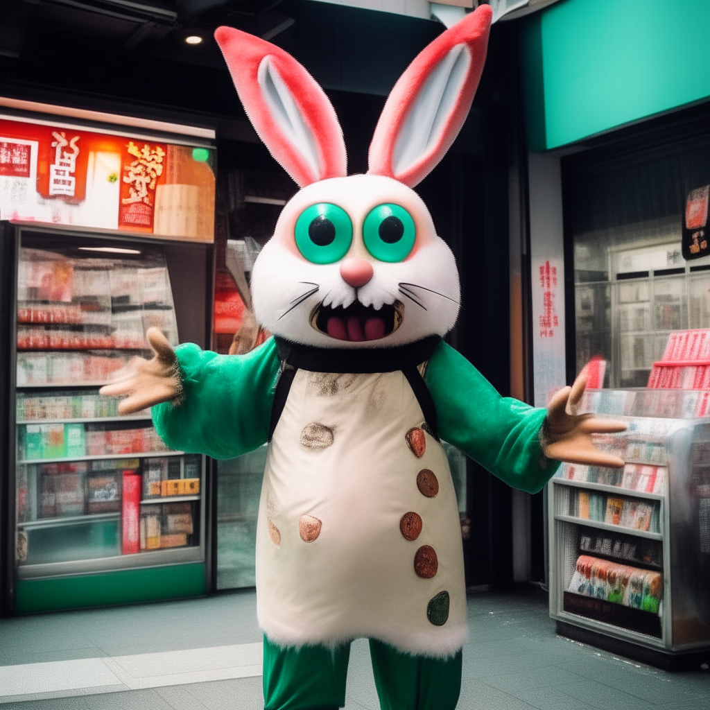Close-up 35mm (Labubu) is a tiny little monster character.  in a brown rabbit outfit  With big eyes, a wide mouth, and jagged teeth, a Labuboo doll stood outside the restaurant.  This restaurant called "7-Eleven" is located in Hong Kong.