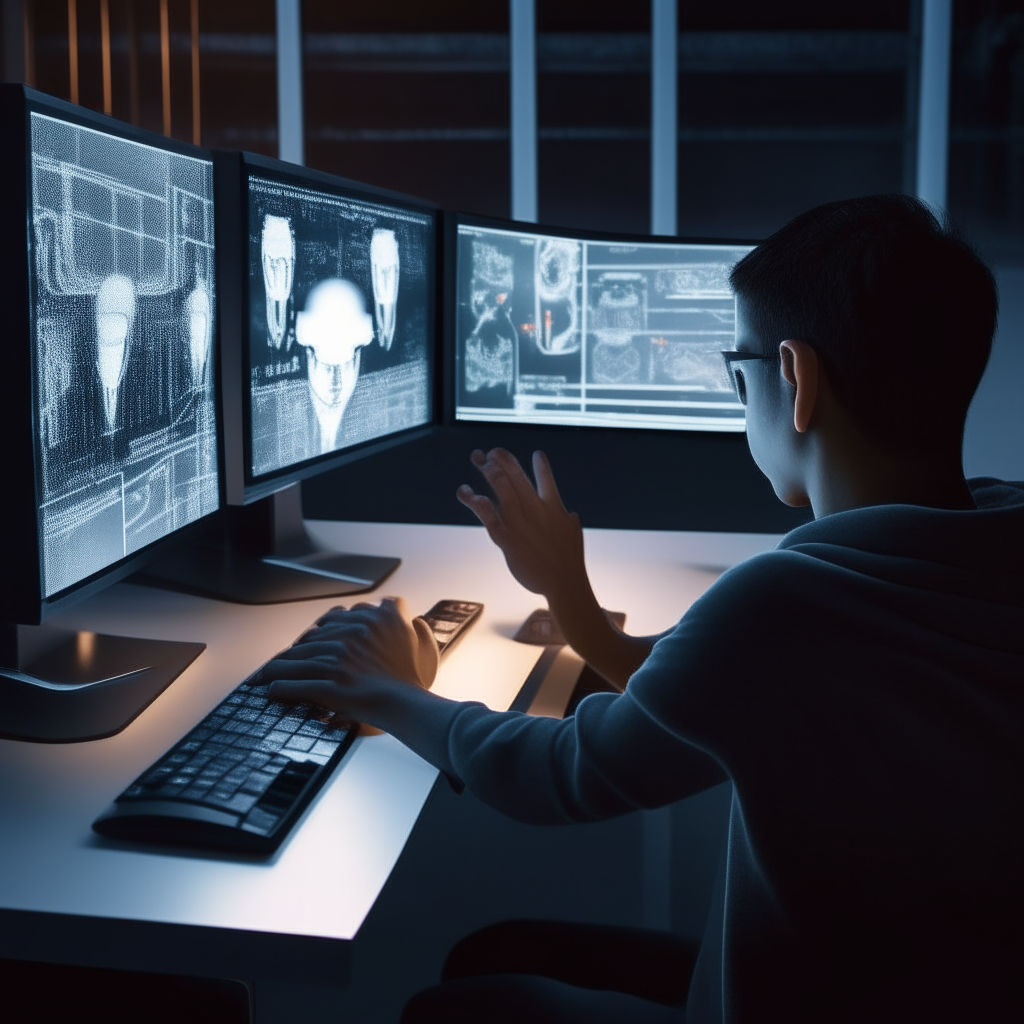 A person sits at a computer desk, staring at their hands which have become digital avatars