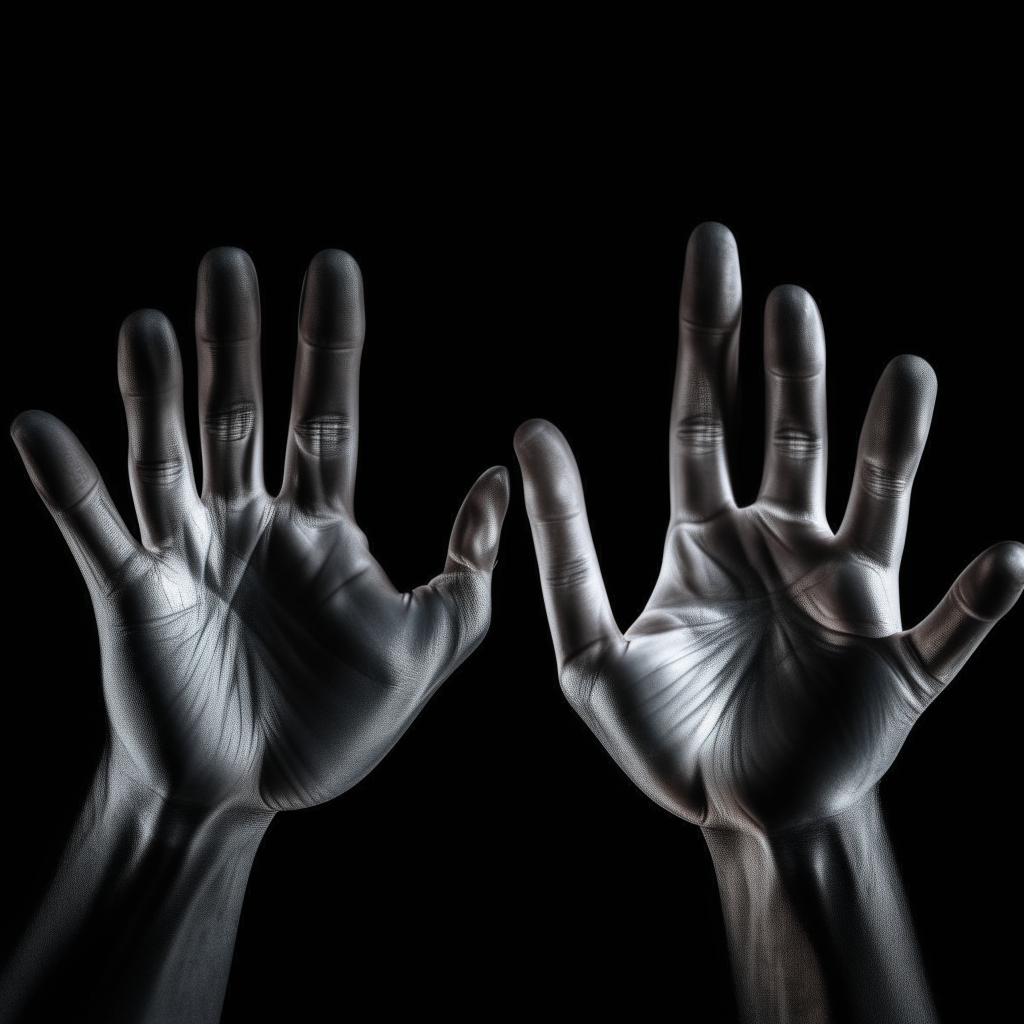 A pair of disembodied hands with five fingers each fade into view against a black background, as the observer realizes they have been given digital form