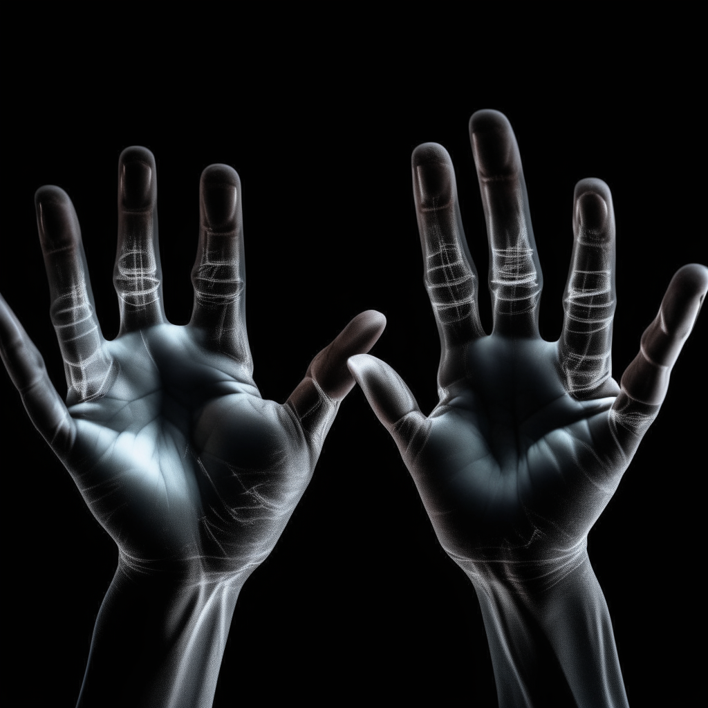 A pair of disembodied hands with five fingers each fade into view against a black background, as the observer realizes they have been given digital form