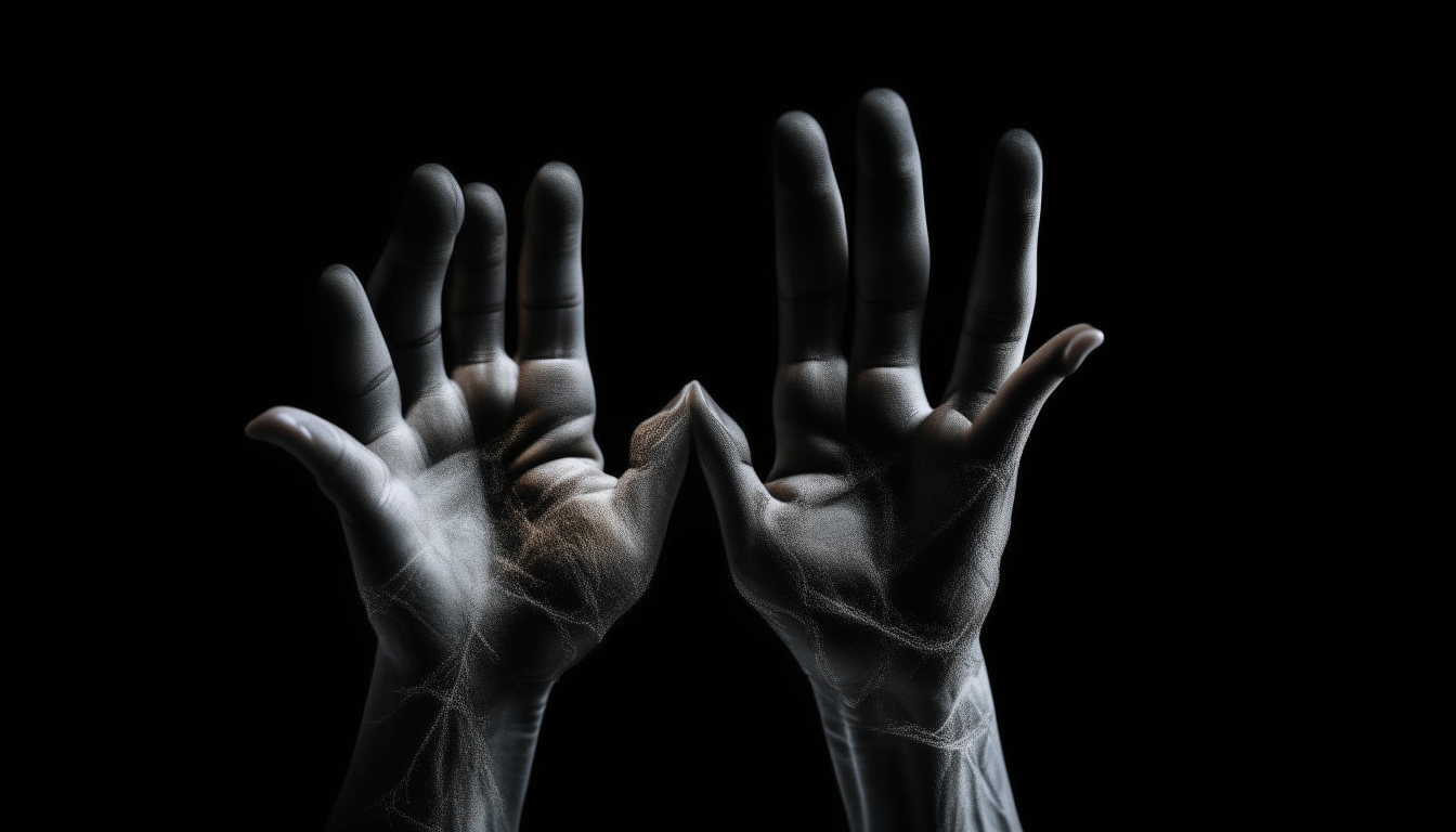 A pair of disembodied hands fade into view against a black background, with all fingers fully visible as the observer realizes their digital form