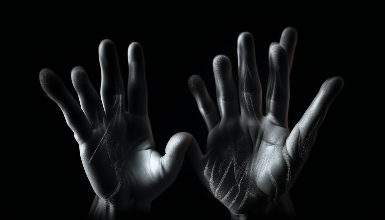 A pair of disembodied hands fade into view against a black background, with five fingers on each hand as the observer realizes their digital form