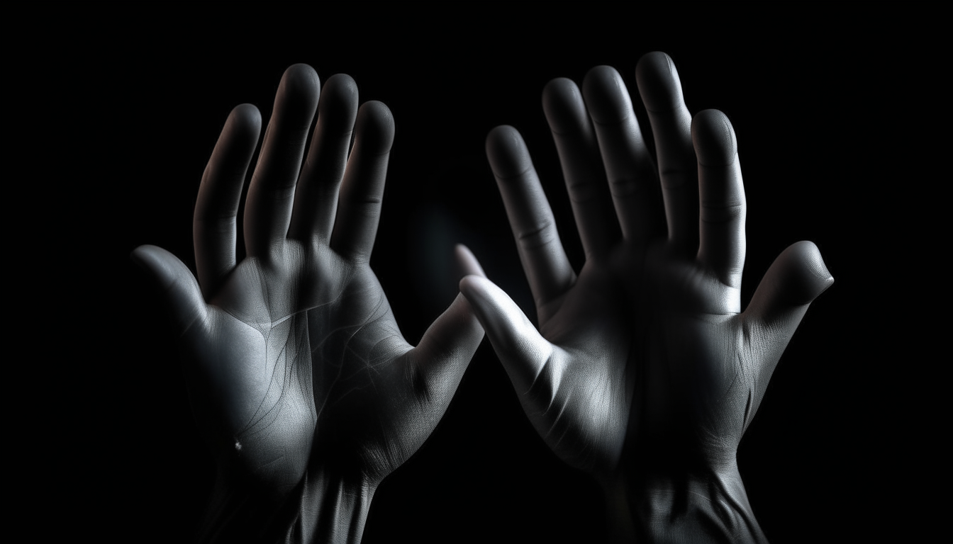 A pair of disembodied hands fade into view against a black background, with five fingers on each hand as the observer realizes their digital form