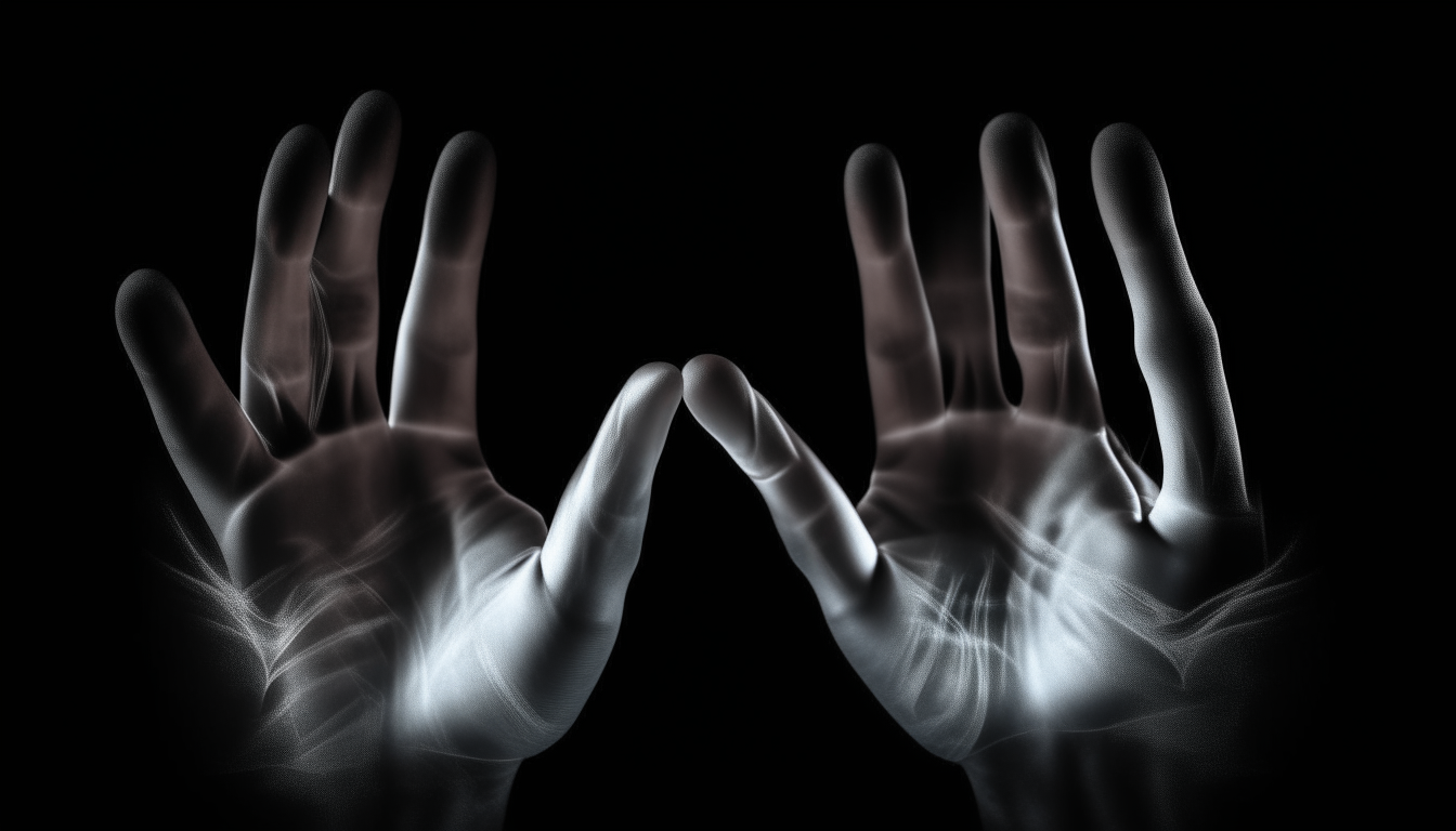 A pair of disembodied hands fade into view against a black background, with five fingers on each hand as the observer realizes their digital form