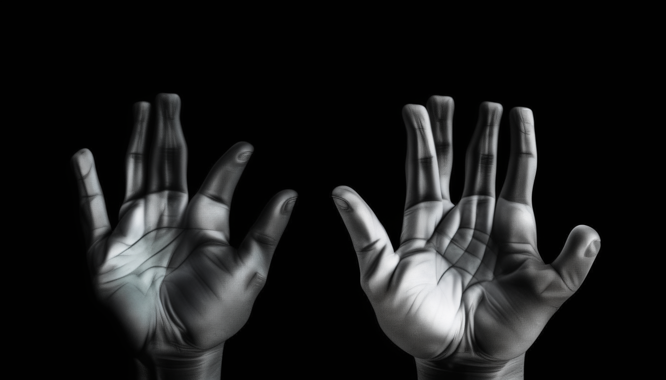 A pair of disembodied hands against a black background, with the composition and hand depiction of images 9 and 10