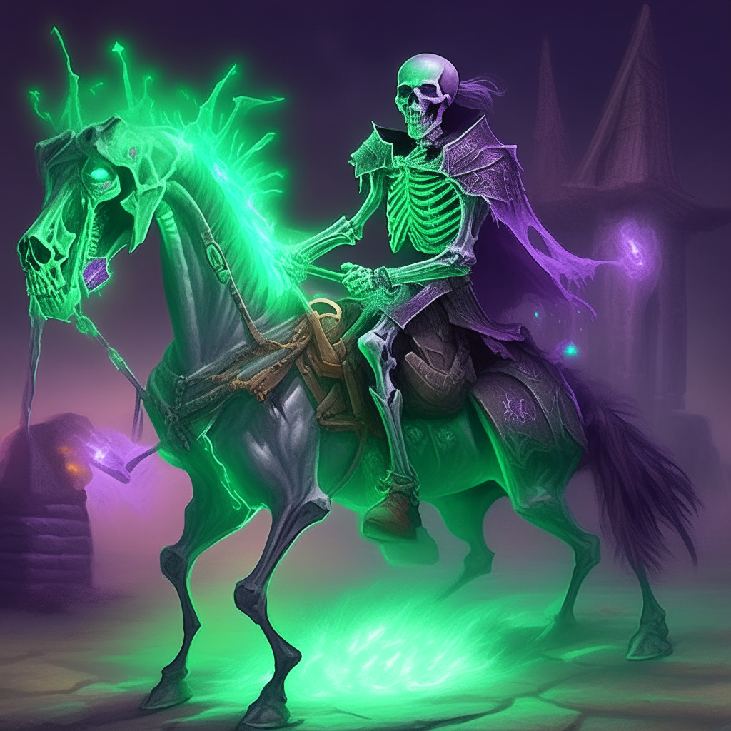 Prompt:
realistic dark fantasy, full body of An ancient dead rider on skeleton flying dragon glow green kryptonite inside. horde with a turn head down , bare foot ,eyes glowing with blazing whit,wearing a ripped and dirty grey robe. standing raised ,holding a very long giant mega purple inferno crystal blade aura into the sky, were sparkling silver sparkles of magic orb all around. in abandon stone castle background.