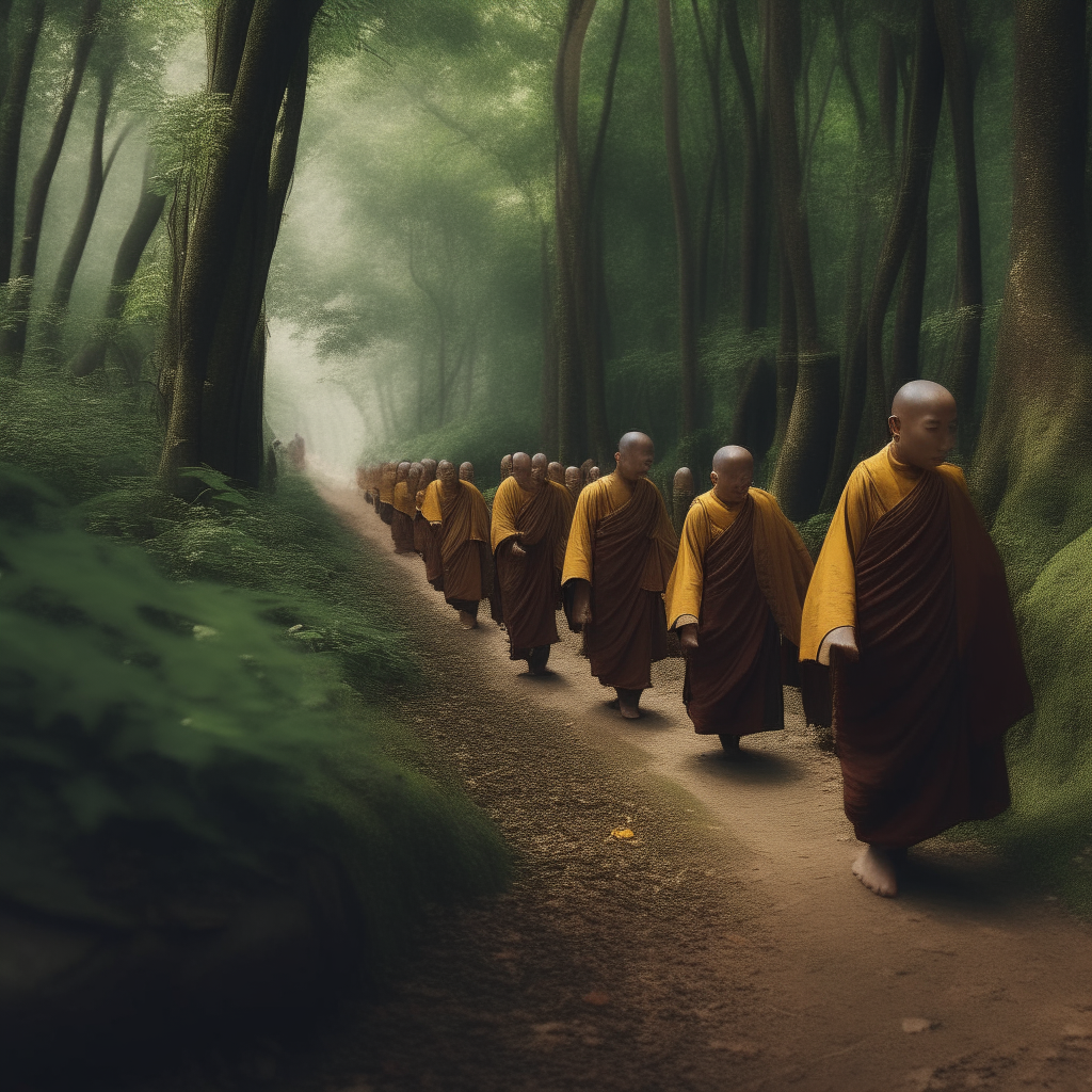 long procession of monks walking through an enchanted forest