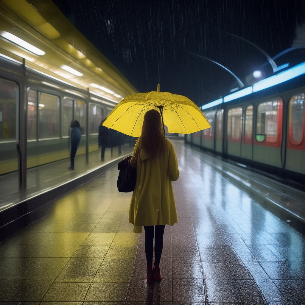 in a raining london evening a young lady walks  briskly towardspiccadilly tube station