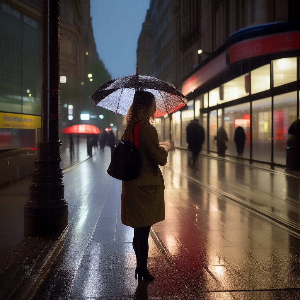 in a raining london evening a young lady walks  briskly towards piccadilly tube station