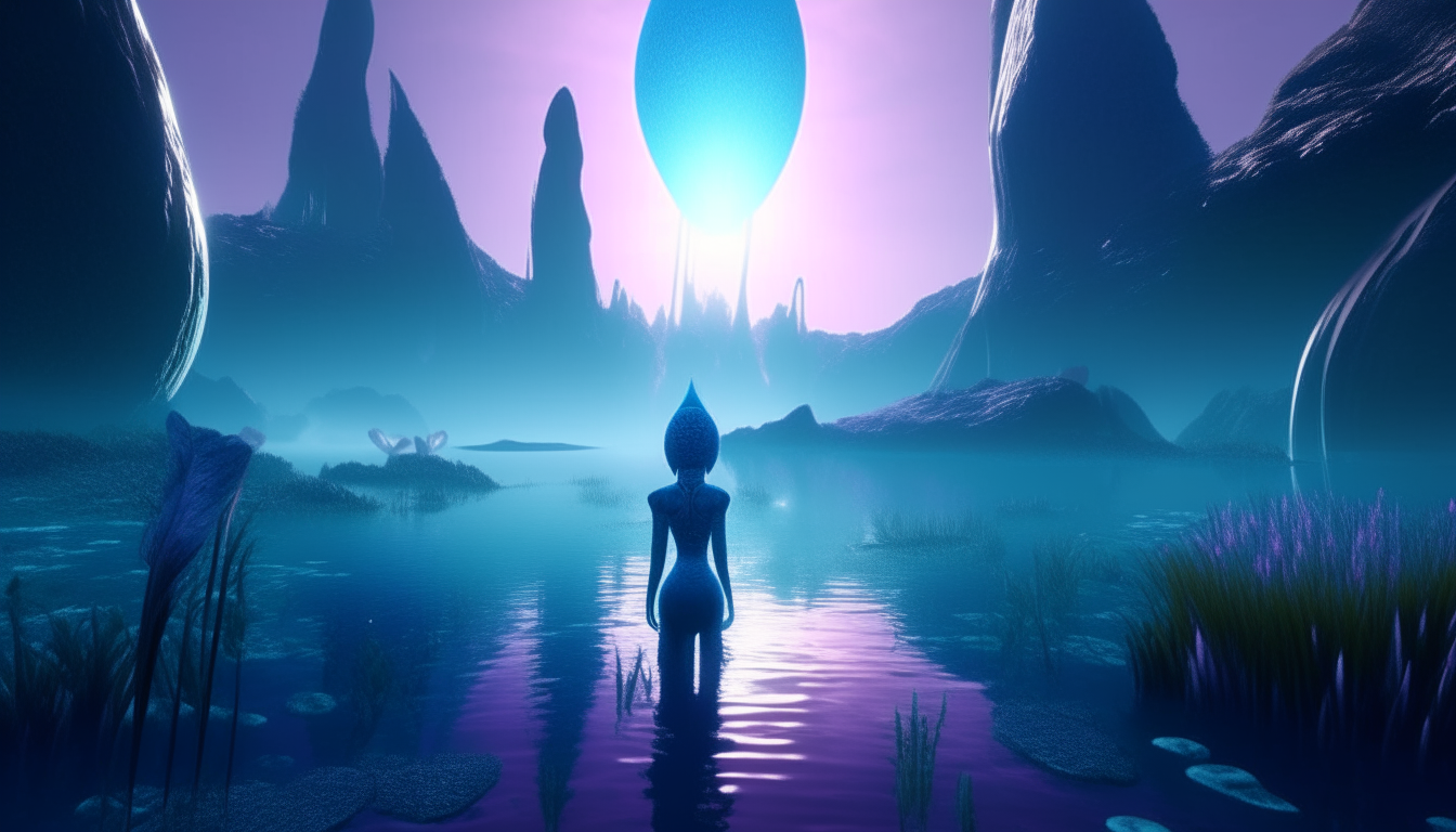 A captivating 4K cinematic image of an alien planet,the blue arcturian Alien Goddess looks across showcasing an extraordinary landscape with diverse and bioluminescent flora. The surface features reflective liquid lakes with mesmerizing holographic sea creatures emerging from the water's surface, casting a mesmerizing glow. Cosmic sun rays pierce through the vibrant, misty atmosphere, creating a dreamy and otherworldly ambiance. This high-quality image boasts the highest level of intricate, photorealistic details, perfectly capturing the essence of dark sci-fi fantasy.