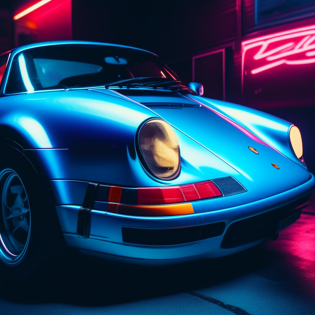 Cars: Supercars in the Blue Team  Blue PORSCHE sports car under neon lights, gangster vibe, reflective, high contrast, bright colors with the message ".....Hello.  Friday...................." High resolution, beautiful