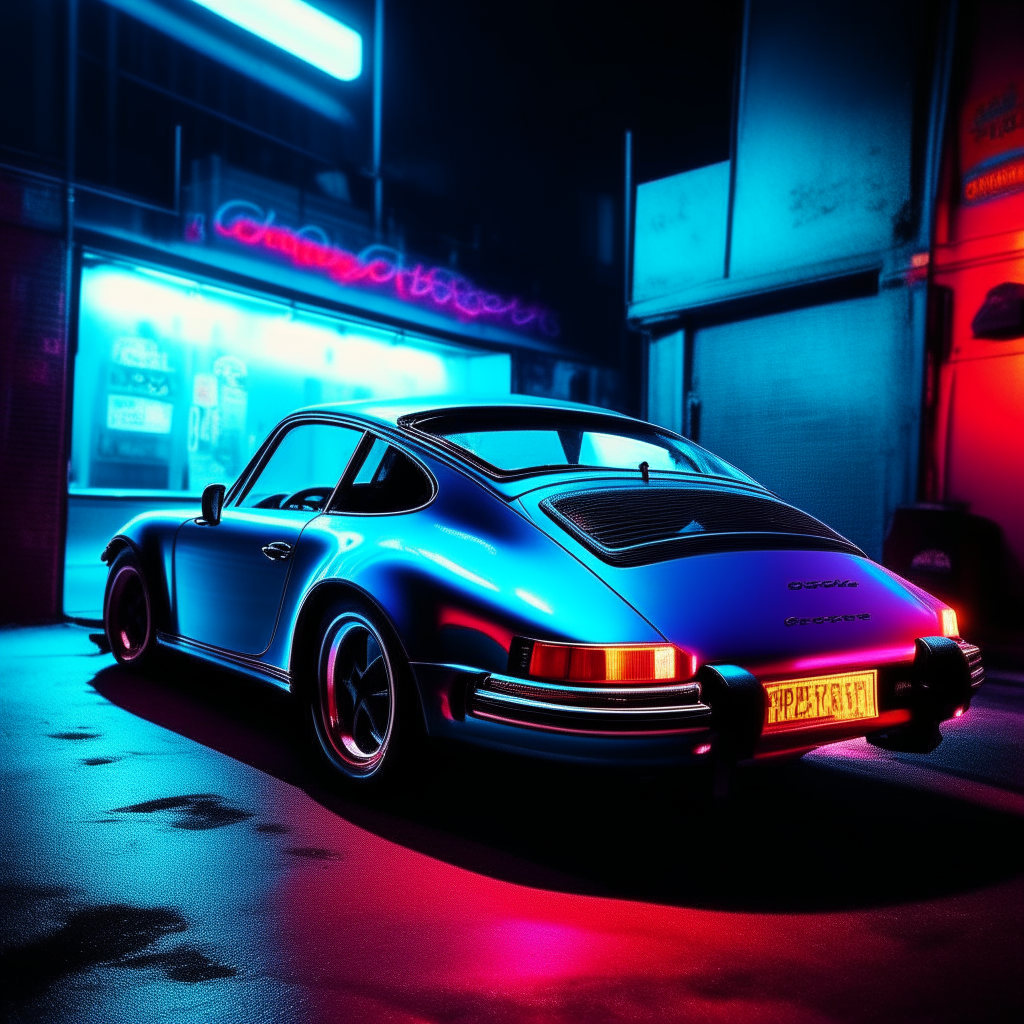 Cars: Supercars in the Blue Team  Blue PORSCHE sports car under neon lights, gangster vibe, reflective, high contrast, bright colors with the message ".....Hello.  Friday...................." High resolution, beautiful