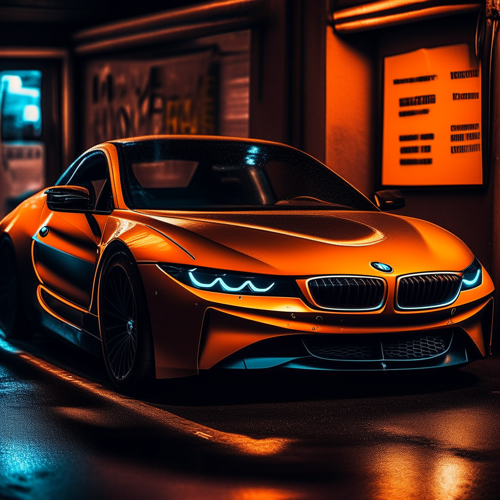 Cars: Orange team supercar, orange BMW I8 sports car under neon lights.  Gangster vibe, reflective, high contrast, bright colors with the message ".....Hello.  Monday...................." High resolution, beautiful.