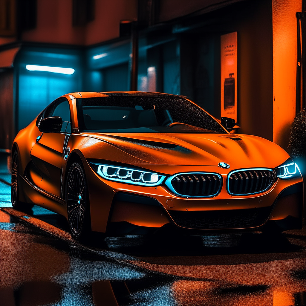 Cars: Orange team supercar, orange BMW I8 sports car under neon lights.  Gangster vibe, reflective, high contrast, bright colors with the message ".....Hello.  Monday...................." High resolution, beautiful.