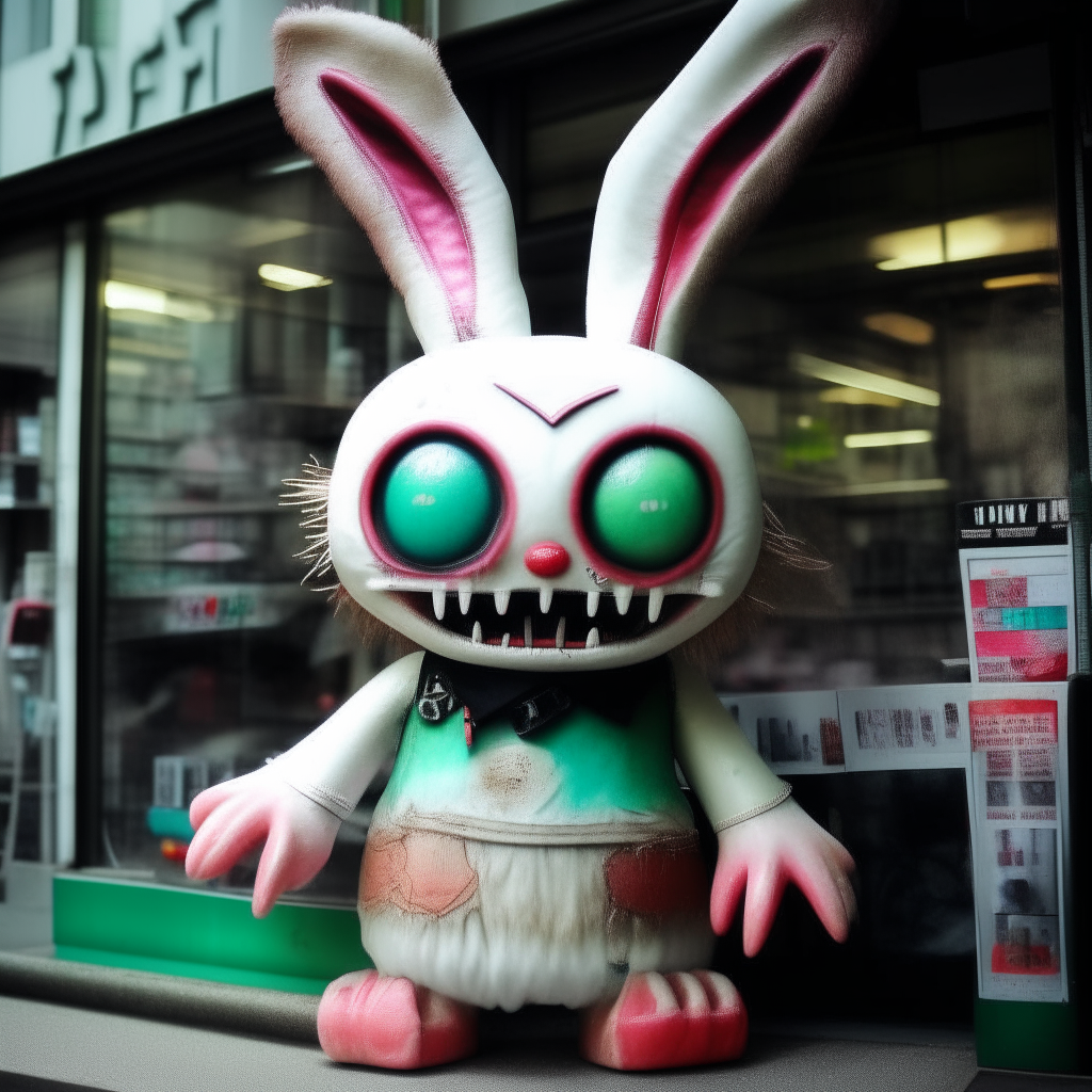 Close-up 35mm (Labubu) is a tiny monster character.  Dressed in a brown bunny outfit with big eyes, a wide mouth and jagged teeth, a Labuboo doll stood outside the restaurant.  A restaurant named "7-Eleven" located in Hong Kong is one of the characters in the series The Monsters.