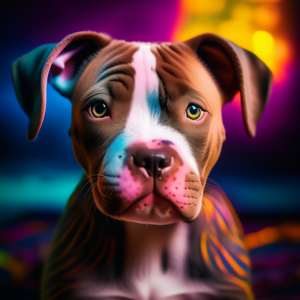 Nikon photograph of a Pitbull puppy with tiger stripes on its body. Peripheral lighting against a brightly colored background. Asymmetrical lighting creates a realistic, detailed image.