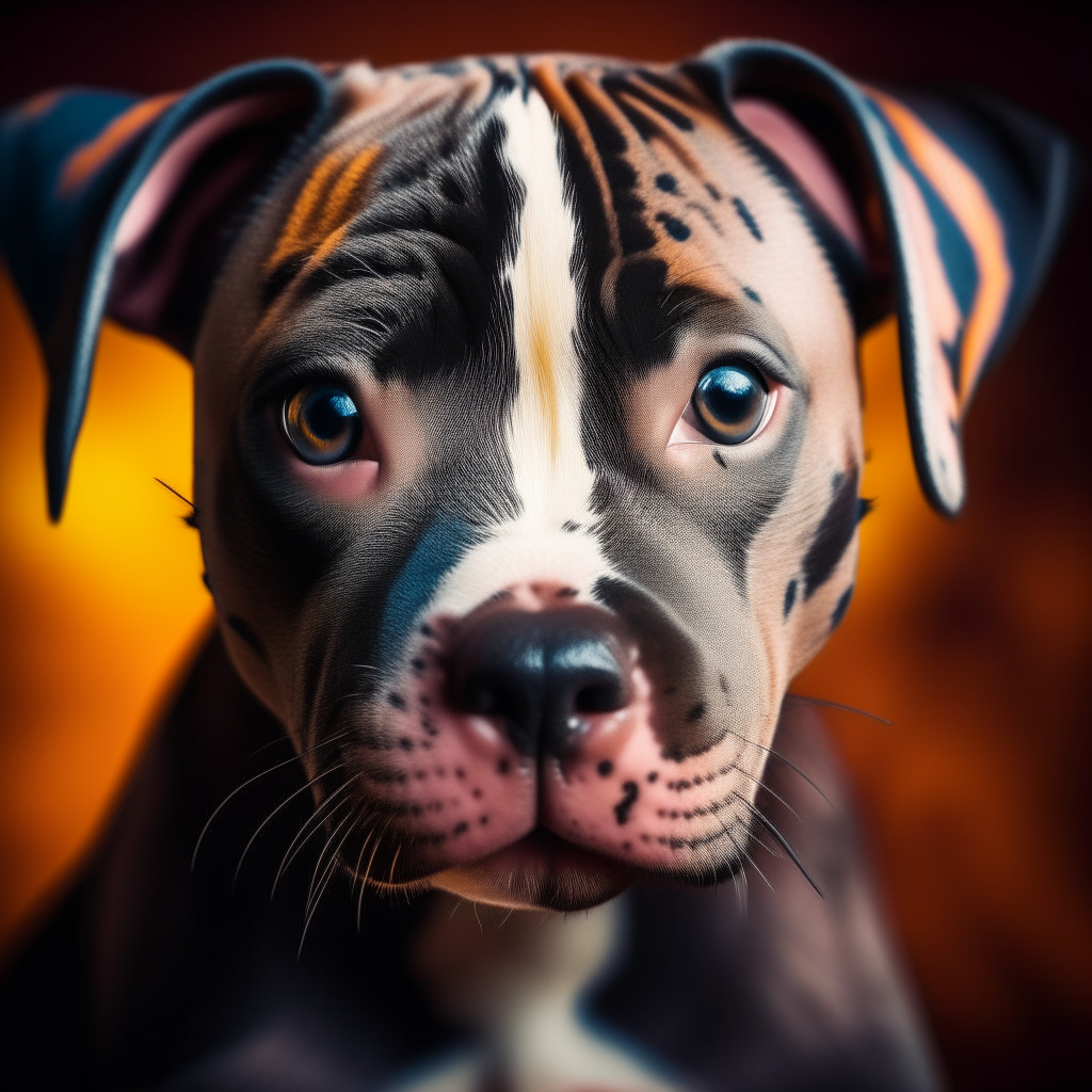 Nikon photograph of a Pitbull puppy with tiger stripes on its body. Peripheral lighting against a brightly colored background. Asymmetrical lighting creates a realistic, detailed image.