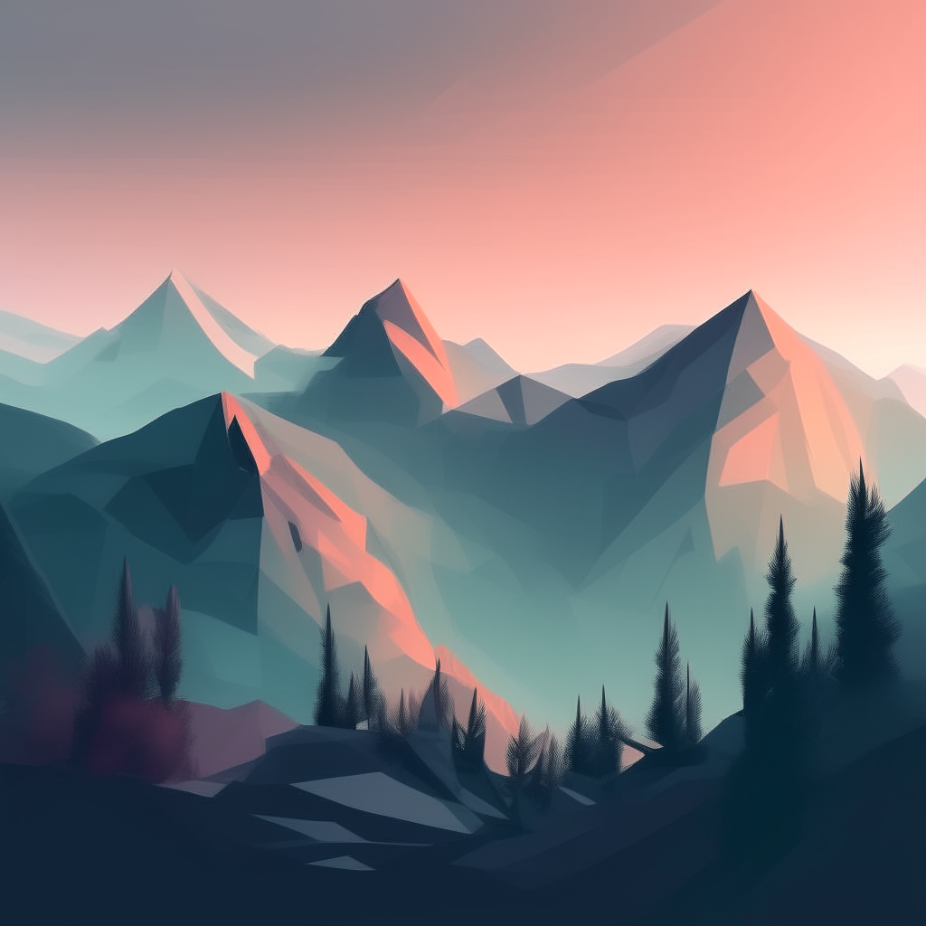A minimalist landscape of mountains and trees at dusk, with an abstract digital overlay suggesting futuristic travel