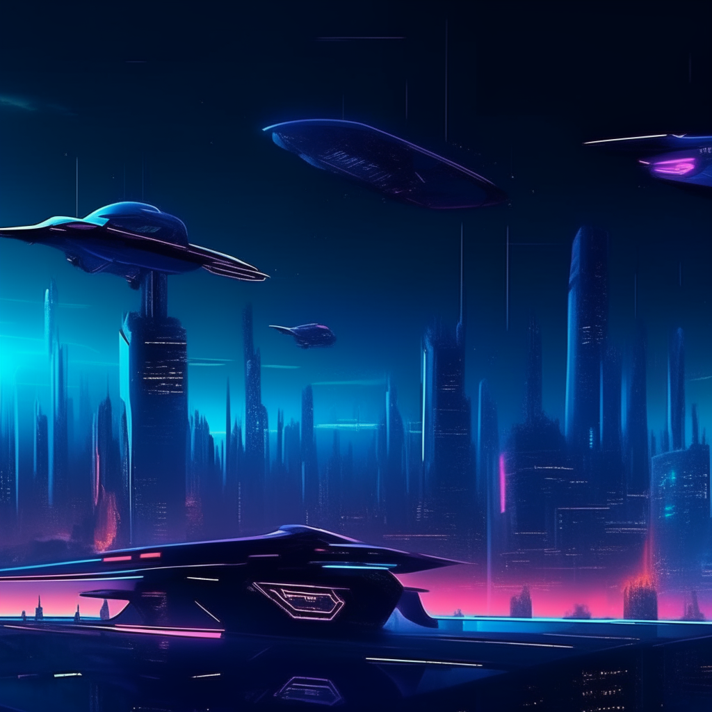 Futuristic city skyline with flying vehicles at night, neon lights glowing against a dark blue sky