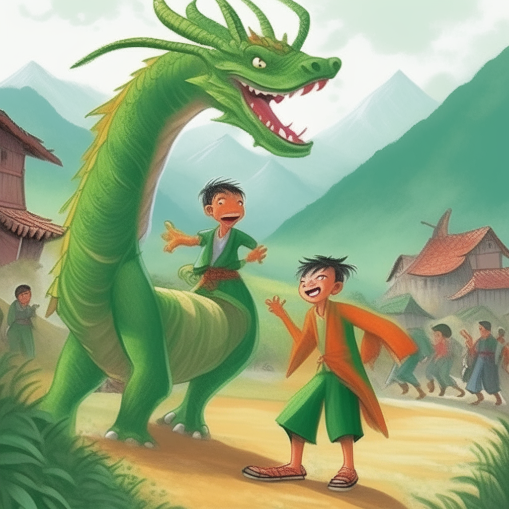Tim boy and dragon green. They were dancing with the people of the village. Located under the mountains 