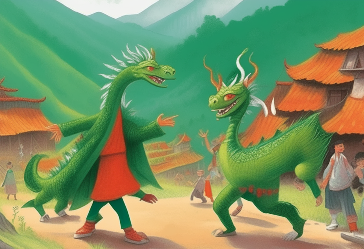 Tim boy and dragon green. They were dancing with the people of the village. Located under the mountains 16.9
