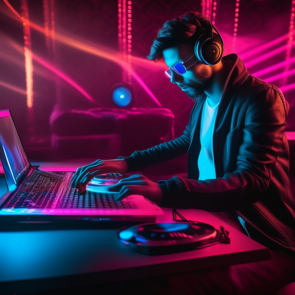 A DJ playing techno music on a laptop, surrounded by flashing colored lights