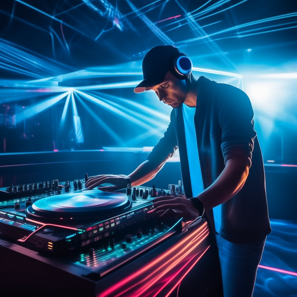 A DJ mixing electronic dance music on turntables in front of a light show