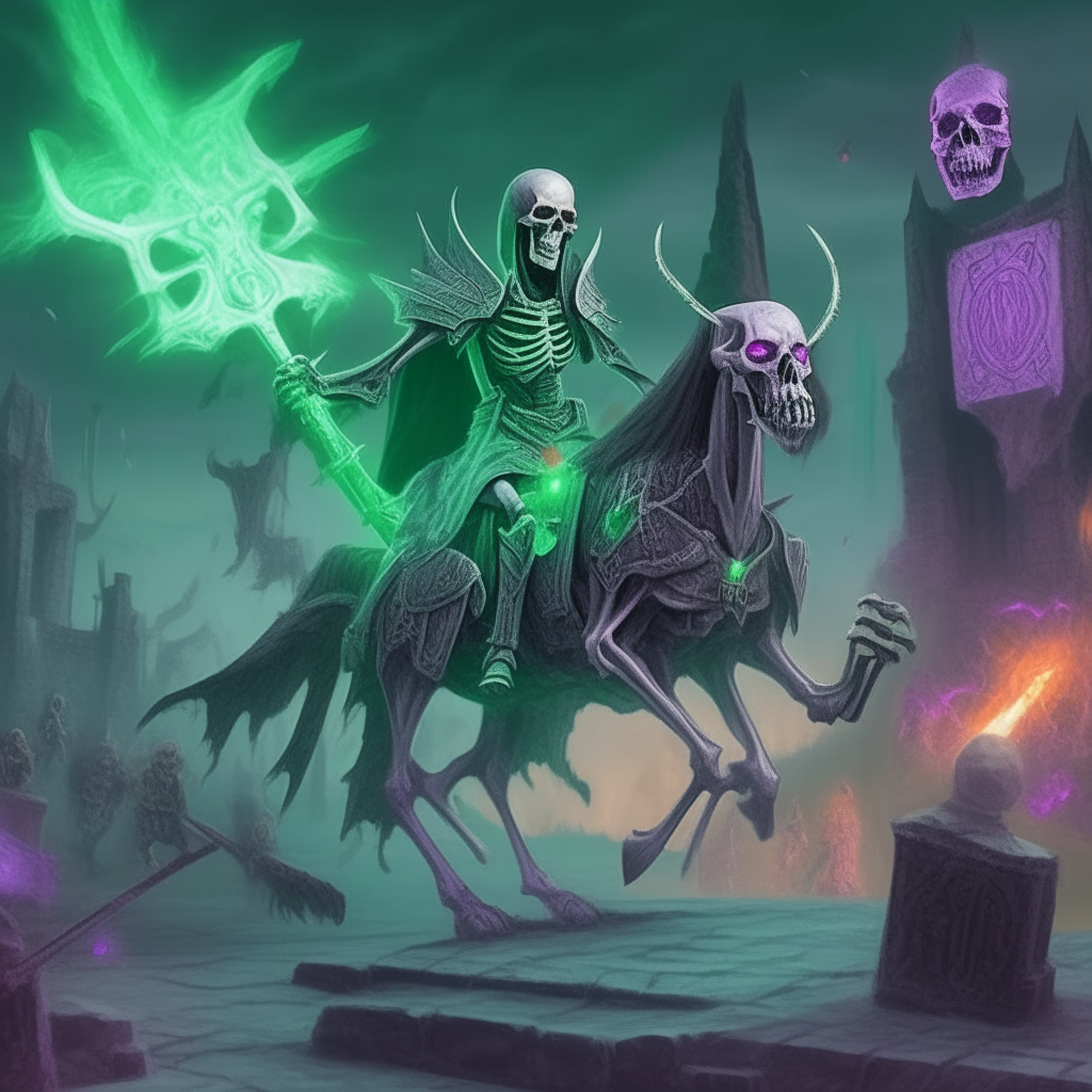 Realistic dark fantasy, full body of an ancient dead rider on a flying dragon skeleton, glowing green kryptonite inside.  The crowd lowered their heads, their feet bare, their eyes glowing with soft white.  Wearing a torn and dirty gray robe, he stood up, holding a gigantic purple hell crystal sword aura up into the sky.  There was a silver gleam of a magic orb all around.  In the background, an abandoned stone castle